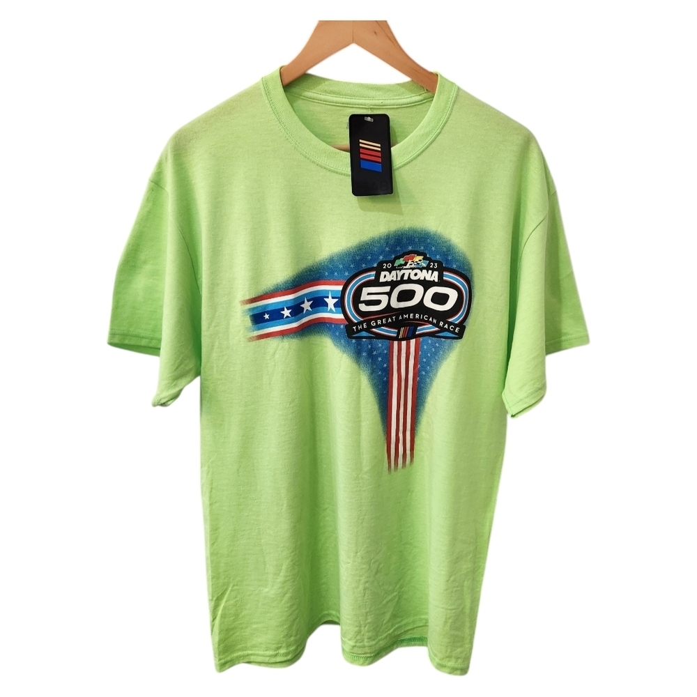 NASCAR 2023 Mens T Shirt L Green Checkered Flag Daytona 500 Great American Race